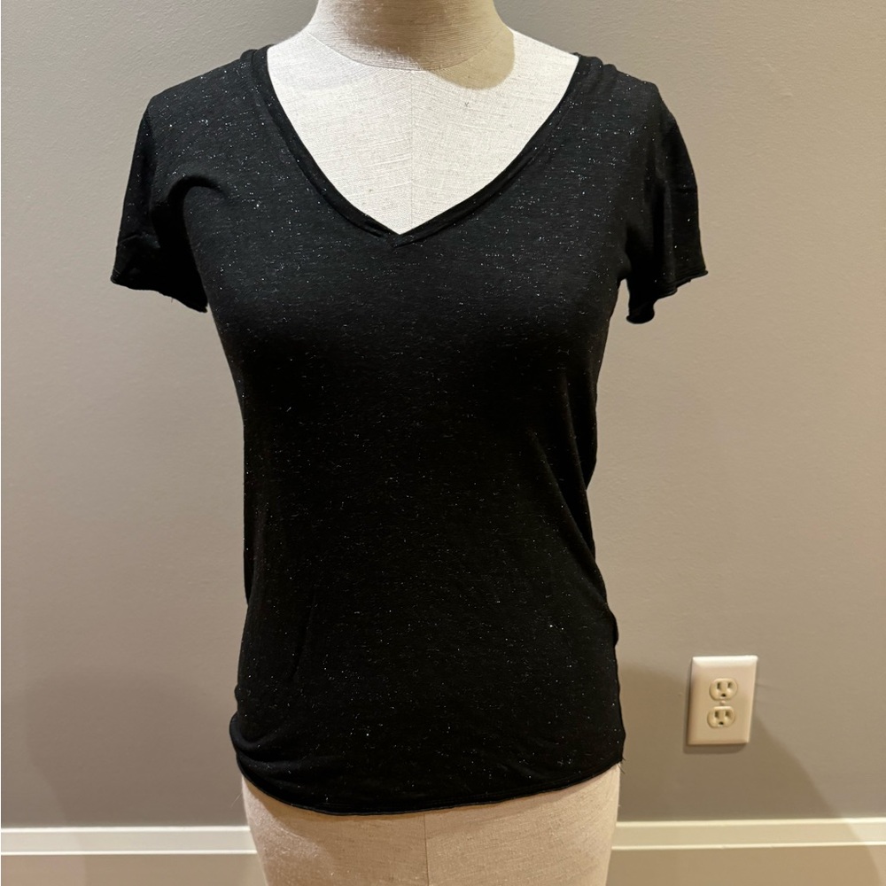 All Saints Emelyn  Black  V-Neck Short Sleeve shimmer Tee-